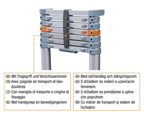 Échelle télescopique en position rétractée avec poignée de transport et sangles de fermeture