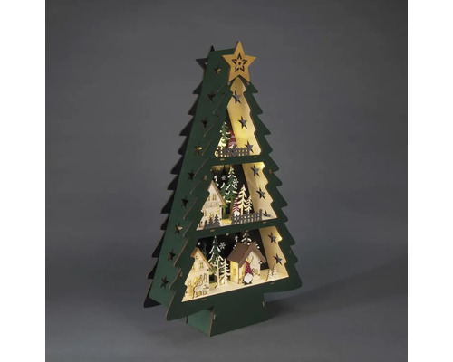 Sapin de Noël décoratif en bois avec maisons et étoiles illuminées