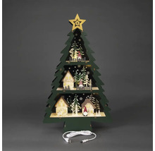 Sapin de Noël décoratif et lumineux en bois avec maisons, figurines et câble USB.
