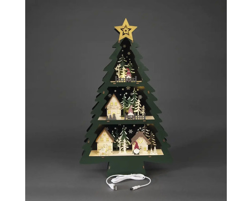 Sapin de Noël décoratif et lumineux en bois avec maisons, figurines et câble USB.