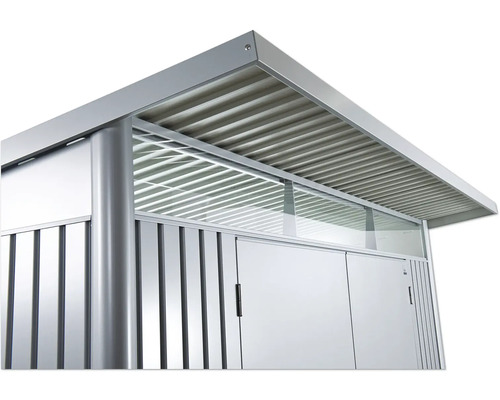 Vue détaillée d''une remise à outils avec double porte, fenêtres latérales et toit