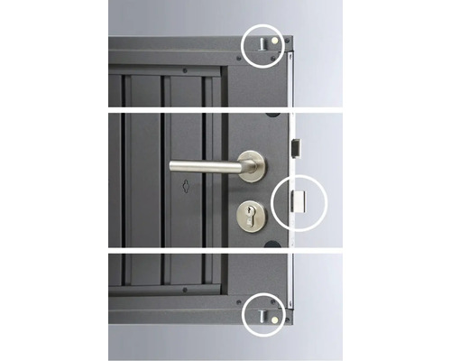 Vue détaillée d''une porte avec poignée de porte, serrure et points de verrouillage