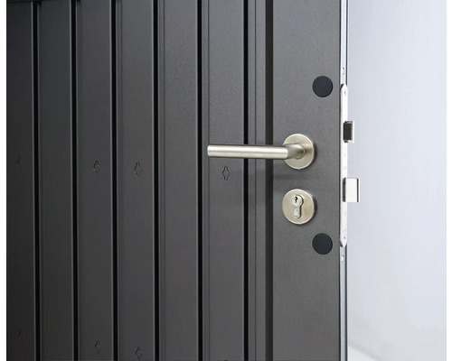 Gros plan d''une porte extérieure grise avec poignée de porte et serrure argentées