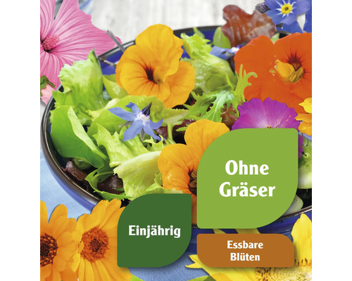 Blumensalat mit essbaren Blüten in Schüssel, Hinweis einjährig und ohne Gräser