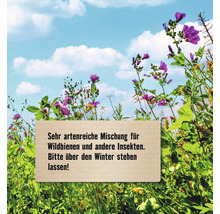 Blumenwiese mit Schild: Sehr artenreiche Mischung für Wildbienen und andere Insekten. Bitte über den Winter stehen lassen!
