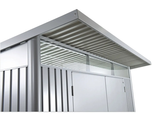 Vue détaillée d''un abri de jardin en métal avec toit à lamelles