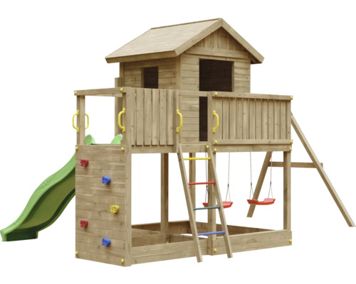Tour de jeu en bois avec toboggan, mur d''escalade, échelle et balançoire