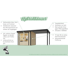 Illustration eines Gartenhauses mit Stahlelementen, Trapezblechdach und Doppelfügeltür der Marke Karibu