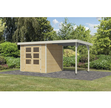 Gartenhaus Karibu Metalwood 3A Blech weiß inkl. Anbaudach 2,35 m 486,5 x 236,5 cm natur
