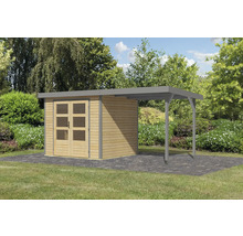 Gartenhaus Karibu Metalwood 3A Blech graualu inkl. Anbaudach 2,35 m 486,5 x 236,5 cm natur