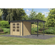 Gartenhaus Karibu Metalwood 3A Blech anthrazit inkl. Anbaudach 2,35 m 486,5 x 236,5 cm natur