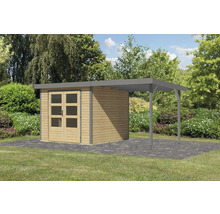 Gartenhaus Karibu Metalwood 3,5A Blech graualu inkl. Anbaudach 2,35 m 486,5 x 266,5 cm natur