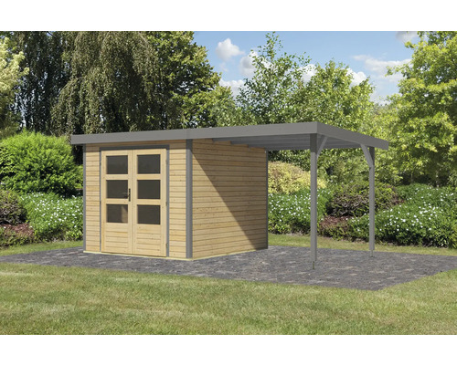 Gartenhaus mit Carport aus Holz auf einem Rasen