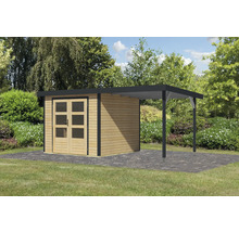 Gartenhaus Karibu Metalwood 3,5A Blech anthrazit inkl. Anbaudach 2,35 m 486,5 x 266,5 cm natur