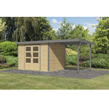 Gartenhaus mit Anbau auf Rasenfläche vor Bäumen