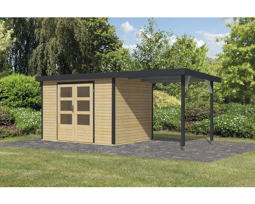 Abri de jardin en bois avec double porte et auvent dans le jardin.