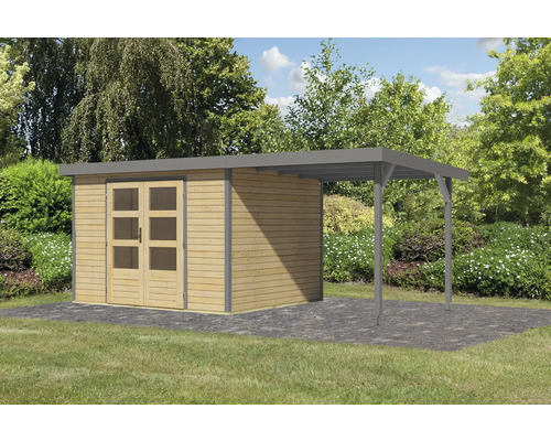Abri de jardin en bois avec carport intégré dans le jardin