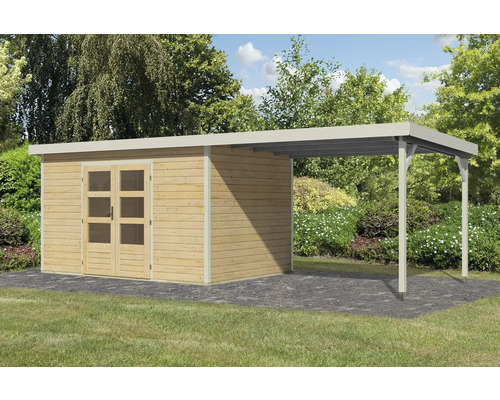 Holzgartenhaus mit Anbau auf Steinboden im Garten