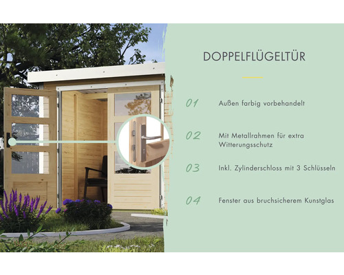 Doppeltür mit Metallrahmen und Zylinderschloss für Gartenhaus