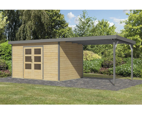 Gartenhaus mit Anbau aus Holz auf Rasenfläche