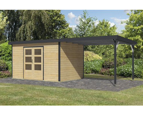 Holzgartenhaus mit Überdachung im Aussenbereich