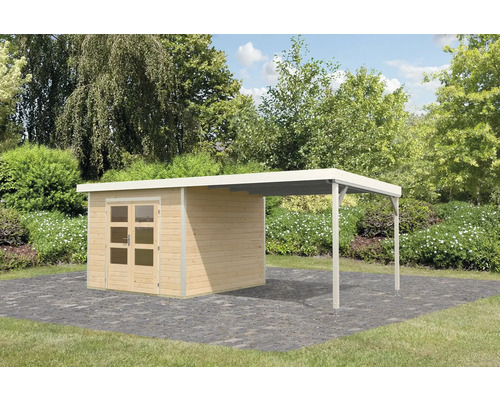 Abri de jardin en bois avec terrasse couverte dans le jardin