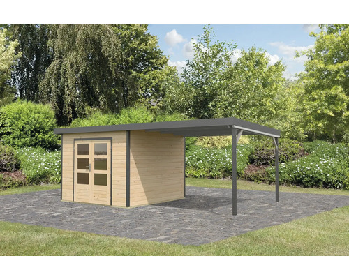 Abri de jardin en bois avec carport sur sol pavé