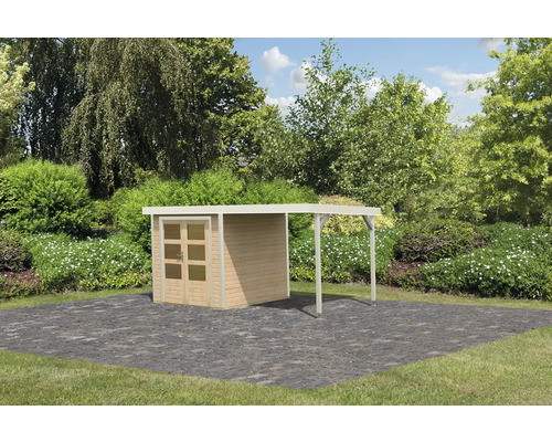 Gartenhaus mit Anbau vor Gartenkulisse