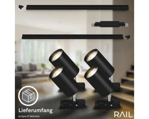 Schienensystem mit vier Strahlern und Zubehör