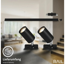 Zwei schwarze RAIL Strahler mit Schiene, Verbinder und Endstück