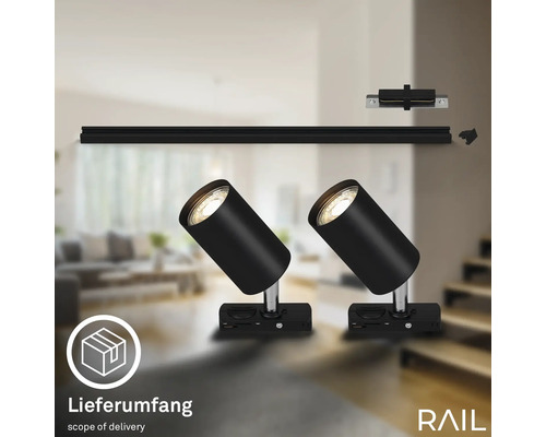 Zwei schwarze RAIL Strahler mit Schiene, Verbinder und Endstück