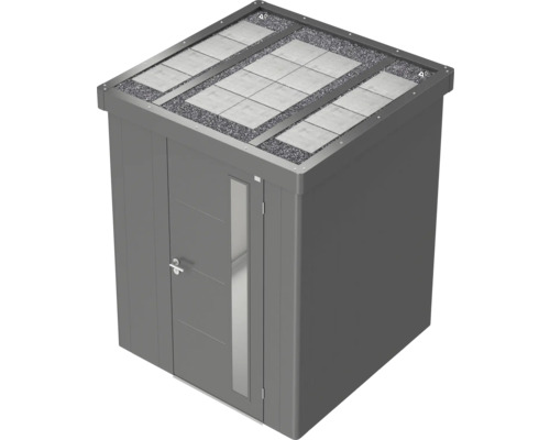 Armoire de jardin avec porte, fenêtre et toit avec pierres et gravier