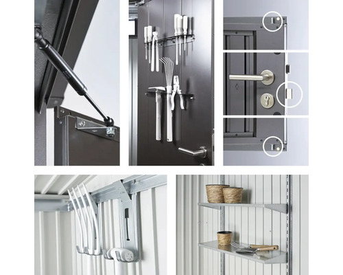 Details zur Gerätehaus-Innenausstattung: Türschliesser, Werkzeughalter, Türschloss, Gerätehalter, Regal