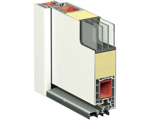 Coupe transversale d''une porte avec isolation thermique et triple vitrage