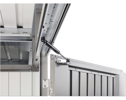 Vue détaillée d''un coffre de jardin en métal ouvert avec ressort à gaz