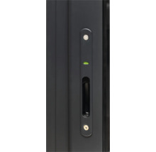 Vue détaillée d''une poignée de porte avec niveau à bulle intégré.