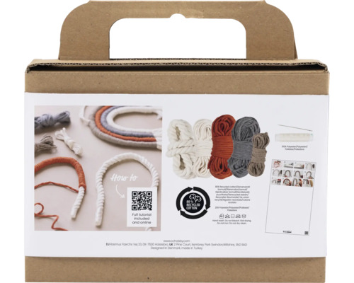 Verpackung eines Bastelsets mit Garn und einer Anleitung