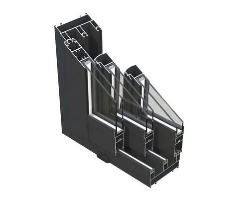 Coupe transversale d''une structure de fenêtre noire avec triple vitrage