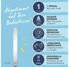 Grohe Handbrause mit Produktinformationen zu Strahlart, Wassersparen, einfacher Reinigung, langlebiger Oberfläche und universeller Passform