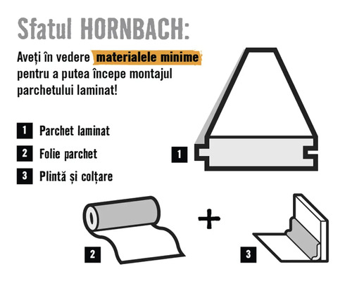 Conseils Hornbach : Matériaux nécessaires à la pose d'un stratifié : stratifié, isolation phonique et plinthes