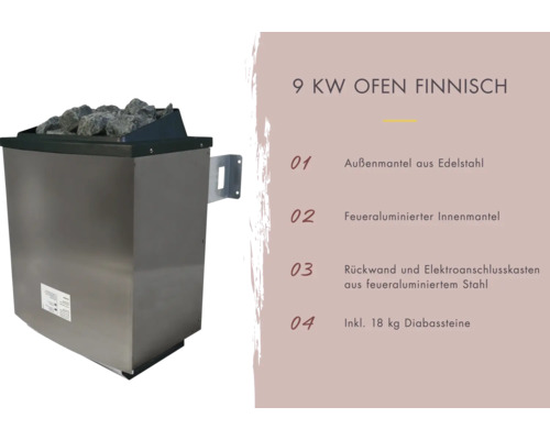 Finnischer Saunaofen mit 9 Kilowatt Leistung und Diabassteinen