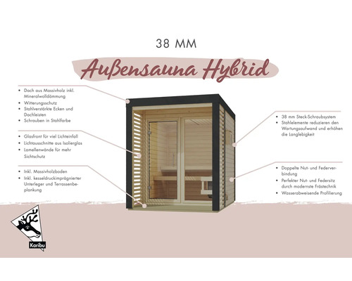 Außensauna Hybrid mit Massivholzdach, Glasfront und Lamellenwänden. Karibu Logo.