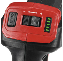 Detailansicht einer Bohrmaschine mit Turbotaste, Drehzahleinstellung und Ladezustandsanzeige