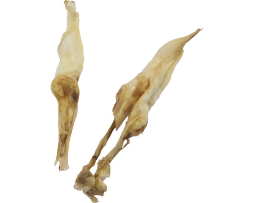 Zwei getrocknete Schweineohren für Hunde.