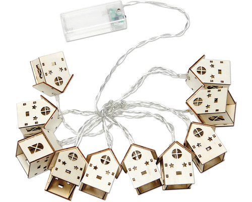 Lichterkette mit batteriebetriebenen Holzhäusern