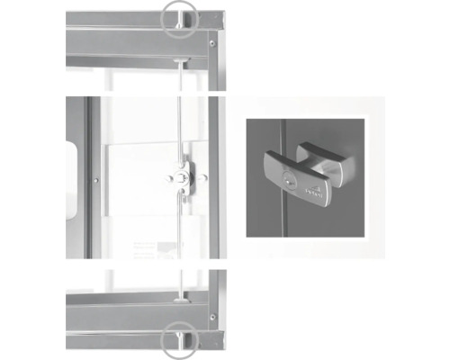 Detailansicht eines Werkstattschranks mit Schliessmechanismus und Schloss