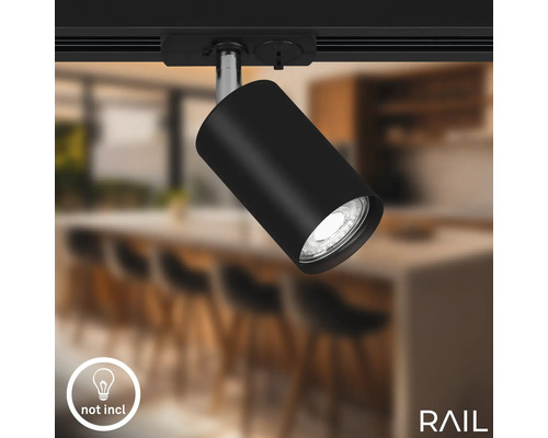 Schwarzer Strahler an einer Schiene mit Hinweis, dass das Leuchtmittel nicht im Lieferumfang enthalten ist