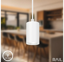 Weisse Hängelampe mit Hinweis, dass das Leuchtmittel nicht enthalten ist.