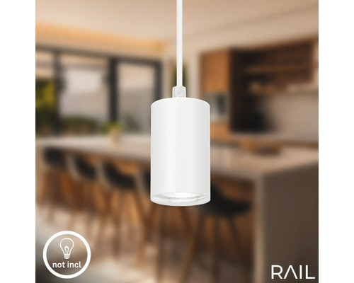 Weisse Hängelampe mit Hinweis, dass das Leuchtmittel nicht enthalten ist.