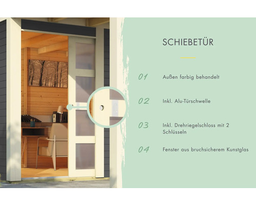 Porte coulissante avec traitement coloré, seuil de porte en aluminium, serrure à pêne tournant et fenêtres en verre synthétique incassable.